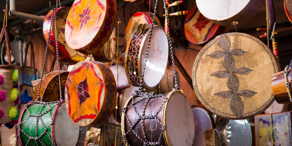 Traditional handmade drums somewhere in Marrakesh, Morocco