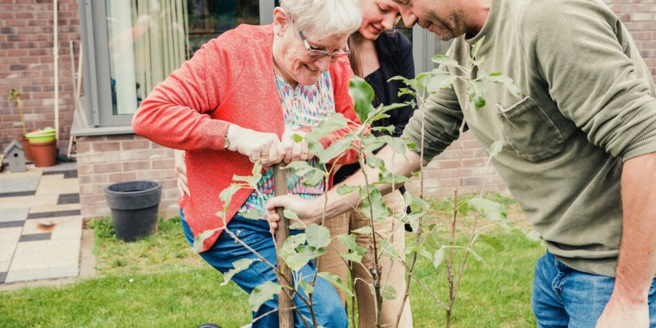 MOES-tuin project in Wzc Roosendaelveld, bewoonster plant een appelboom